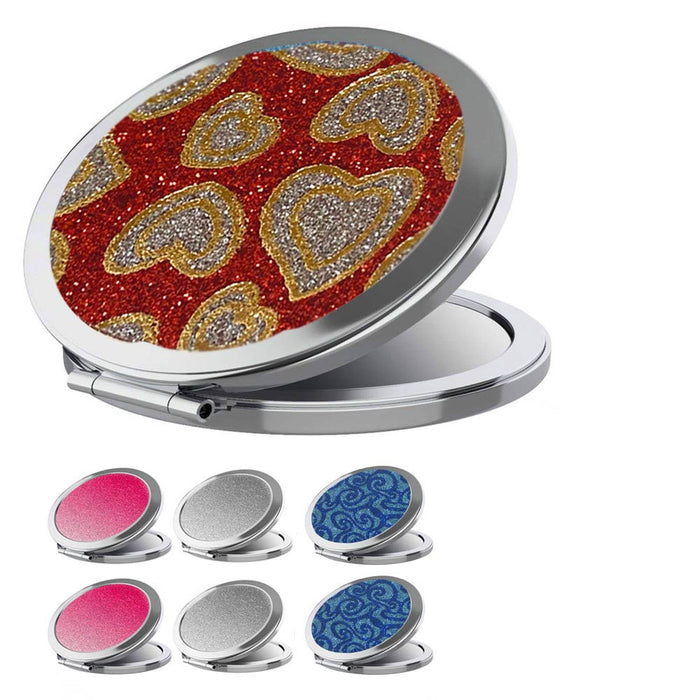 6 Pc Double Sided Compact Mirror Glitter Design Magnifying Cosmetic Travel Stand