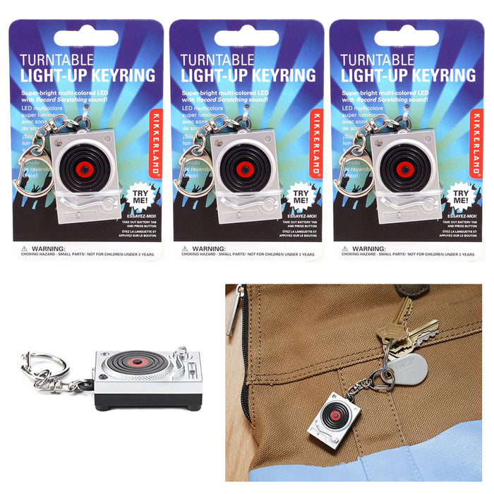 3Pc Kikkerland DJ Turntable Light Up LED Keyring Scratch Sound Key Chain Toy Fun