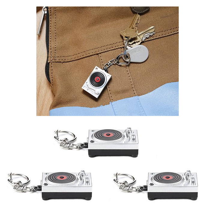 3Pc Kikkerland DJ Turntable Light Up LED Keyring Scratch Sound Key Chain Toy Fun