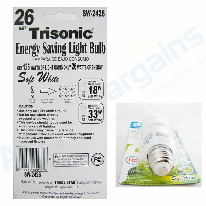 6 CFL Light Bulbs Energy Saving Soft White 26W 125 Watt Fluorescent Lighting