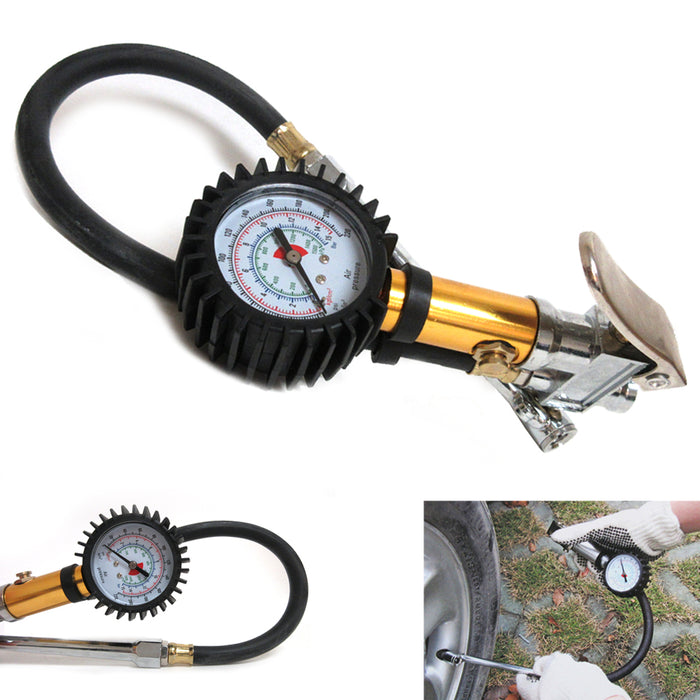 1 Deluxe Tire Inflator Pressure Gauge Dual Head Chuck Auto Flexible Hose 220 PSI