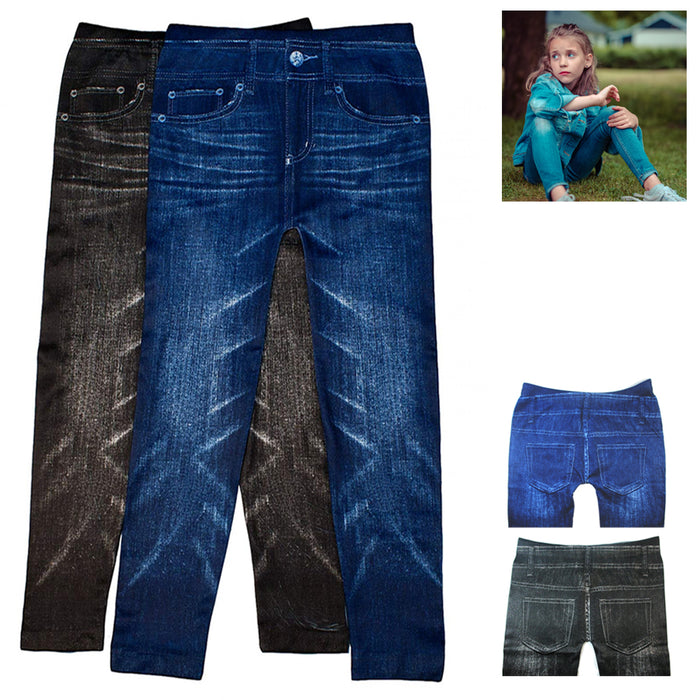 4 Girls Denim Print Leggings Stretchy Pants Casual Jegging Blue Black Kid S/M