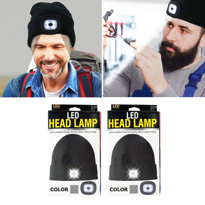 2X Beanie Caps 4 LED Flashlight Hat Hands Free Warm Headlights Rechargeable Wool