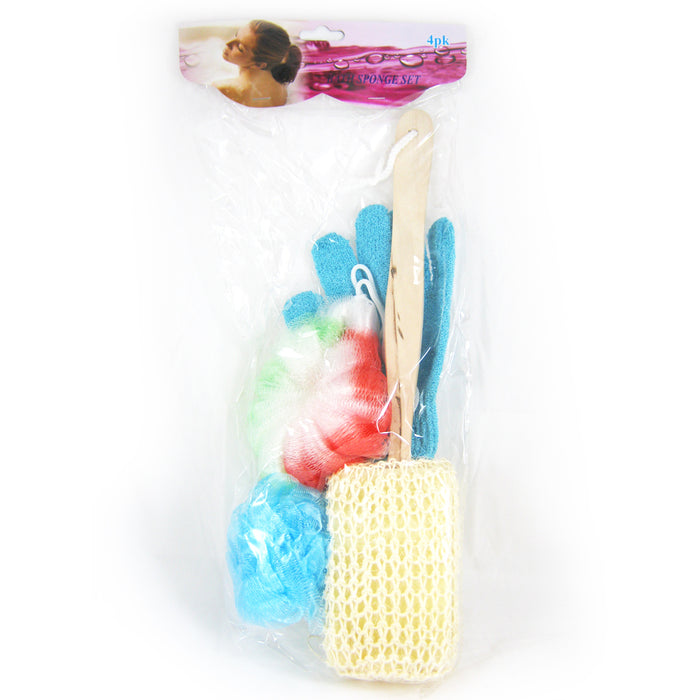 4 Pc Set Bath Body Sponge Shower Washing Glove Loofah Scrub Puff Back Scrubber