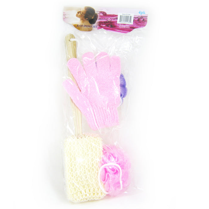 4 Pc Set Bath Body Sponge Shower Washing Glove Loofah Scrub Puff Back Scrubber