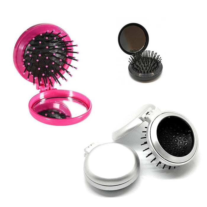 3Pc Mini Folding Hair Brush W/ Mirror Compact Pocket Size Travel Purse Bag Gifts