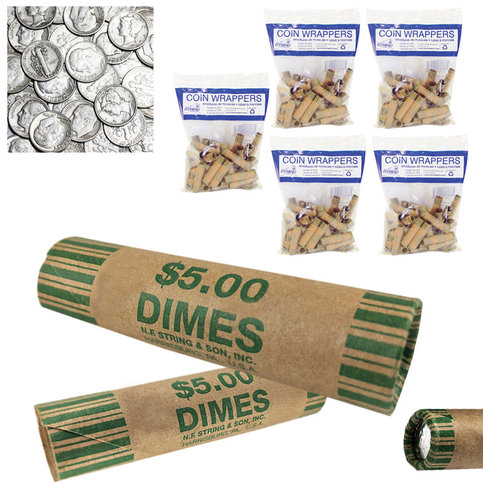 180 Preformed Dimes Tubes Paper Coin Wrappers 10 Cent Shotgun Rolls Counter Bank