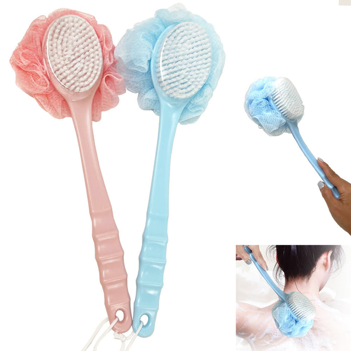 Shower Brush Bristles Loofah Back Scrubber Bath Sponge Handle Exfoliate Massage