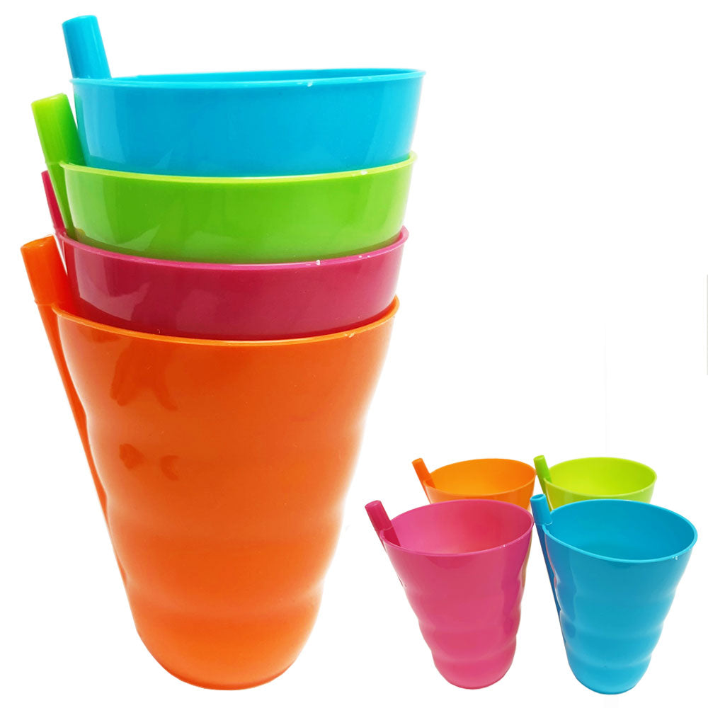 4 Set Cup With Straw 8 oz. Plastic Cup with Built in Straw Kids