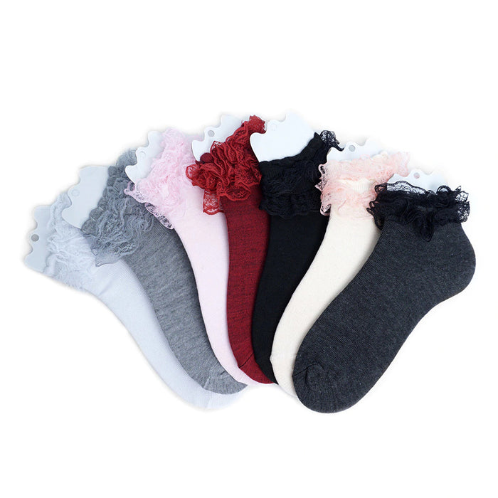 3 Pairs Women's Lace Ruffle Frilly Socks Solid Colors Princess Ankle Socks Comfy