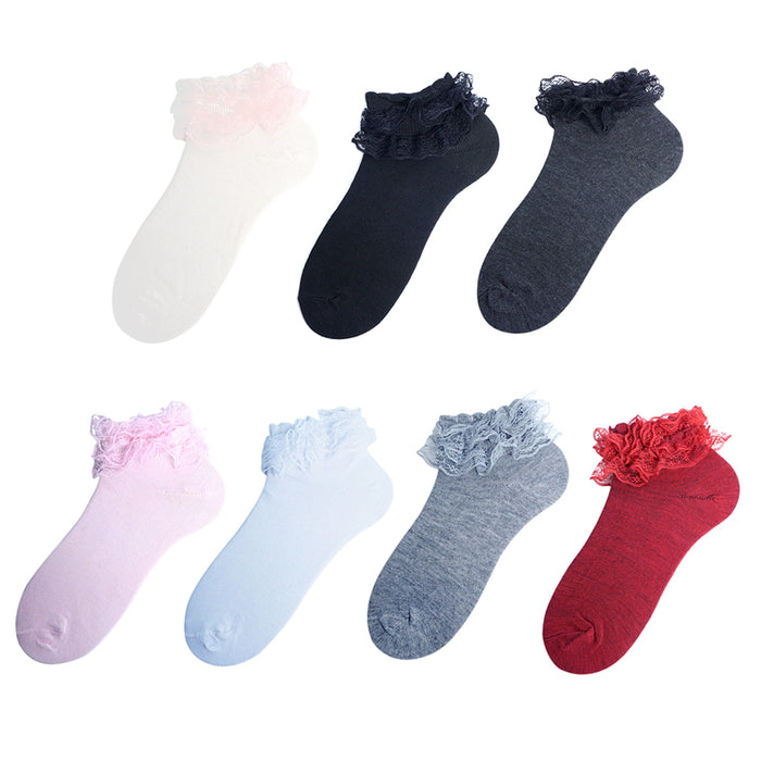 3 Pairs Women's Lace Ruffle Frilly Socks Solid Colors Princess Ankle Socks Comfy