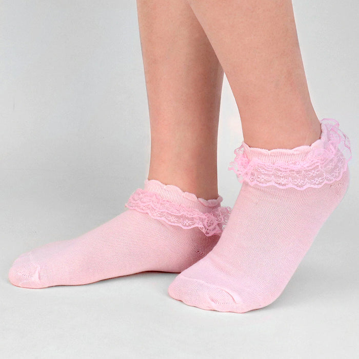 3 Pairs Women's Lace Ruffle Frilly Socks Solid Colors Princess Ankle Socks Comfy