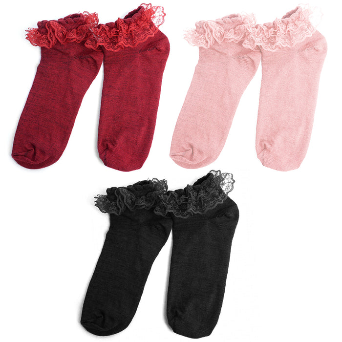 3 Pairs Women's Lace Ruffle Frilly Socks Solid Colors Princess Ankle Socks Comfy