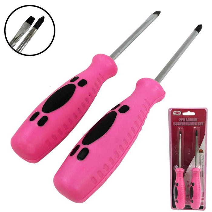 2 PC Ladies Pink Screwdriver Set Phillips Slotted Flat Head Womens Home Tools