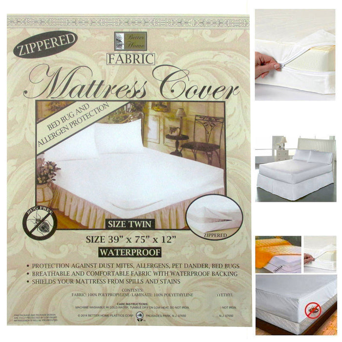 Twin Size Fabric Zippered Mattress Cover Bed Bugs Water Protector Hypoallergenic