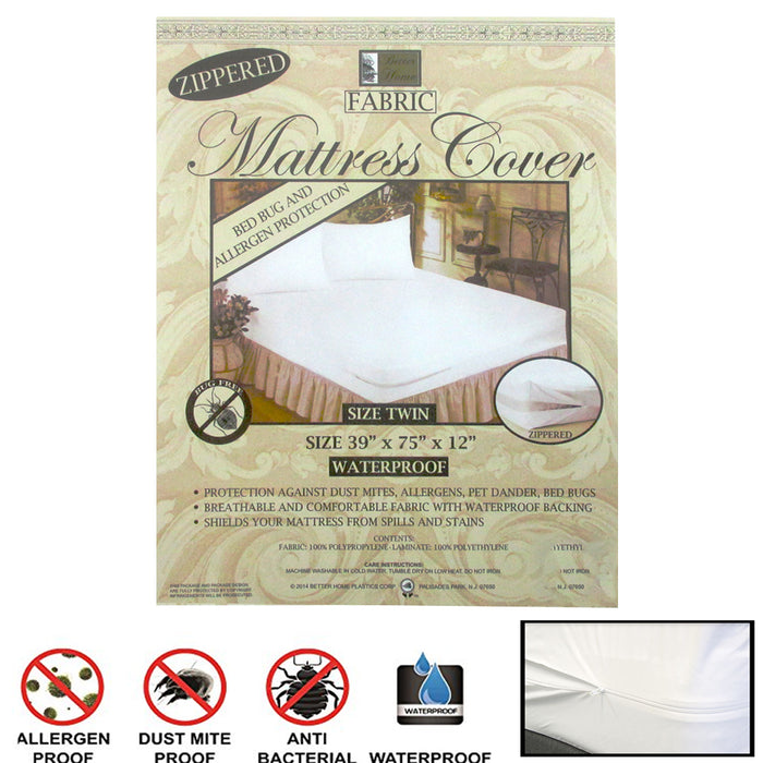 Twin Size Fabric Zippered Mattress Cover Bed Bugs Water Protector Hypoallergenic