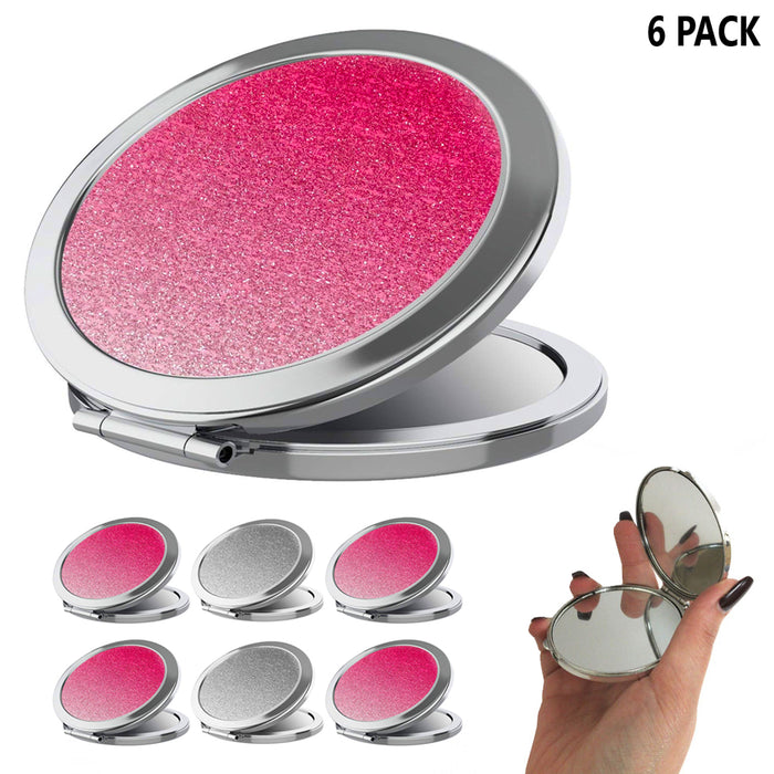 6 Pc Double Sided Compact Mirror Glitter Design Magnifying Cosmetic Travel Stand