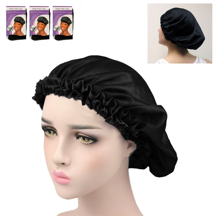 3 Set Fabric Night Sleep Cap Hair Bonnet Hat Head Cover Wide Band Elastic Womens