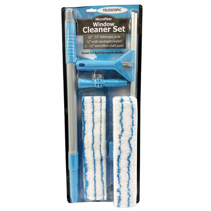 Telescopic Window Cleaning Kit with Super Squeegee and 3 Section Aluminum Extension Pole Lightweight All-in-One 5 Piece Set - Microfiber Glass