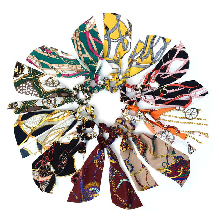 3 Pc Scrunchie Ribbon Hair Tie Elastic Band Scarf Ponytail Vintage Fashion Print