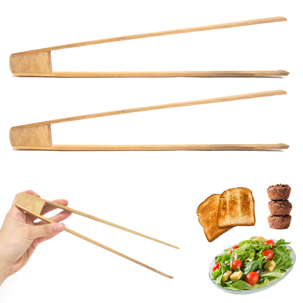 AllTopBargains 4 Set Bamboo Toast Tongs 12 Bagel Fruit Bread Bacon Straight Arm Toaster Wooden