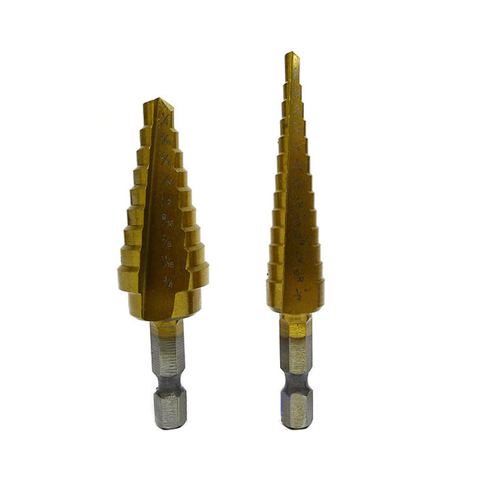 2 PC TITANIUM STEP DRILL BIT SET BITS UNI 9 & 13 STEP HSS POWER DRILLS 1/4 3/4