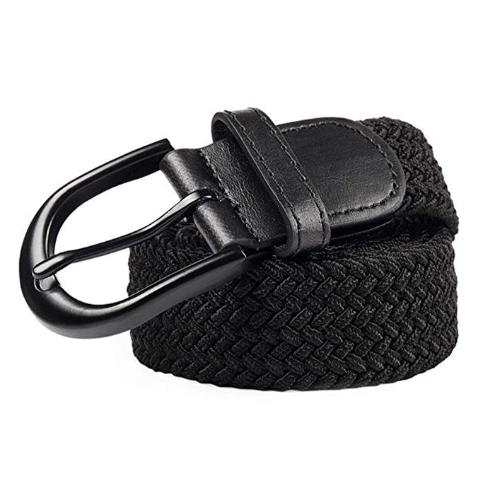 Braided Stretch Elastic Belt Black Buckle Leather Loop End Tip Unisex Small 35