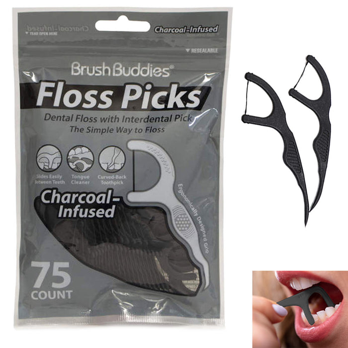 75 Dental Floss Picks Charcoal Infused Clean Teeth Gums Tooth Picks Oral Care