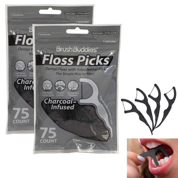 150 Ct Dental Floss Picks Tongue Cleaner Tooth Picks Oral Care Charcoal Infused