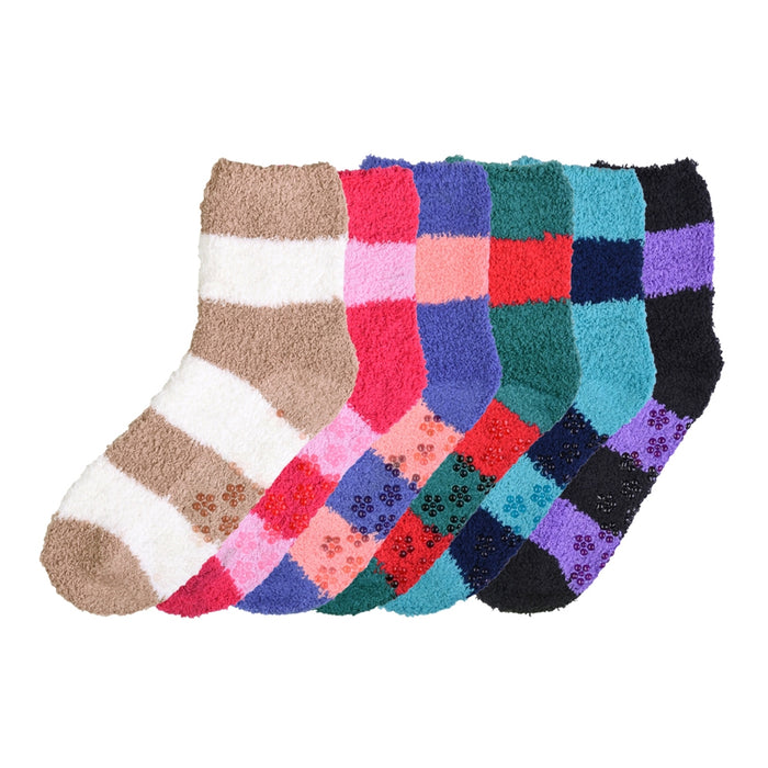 6 Pairs Fuzzy Plush Soft Socks Non Skid Strip Warm Hospital Home Slippers 9-11