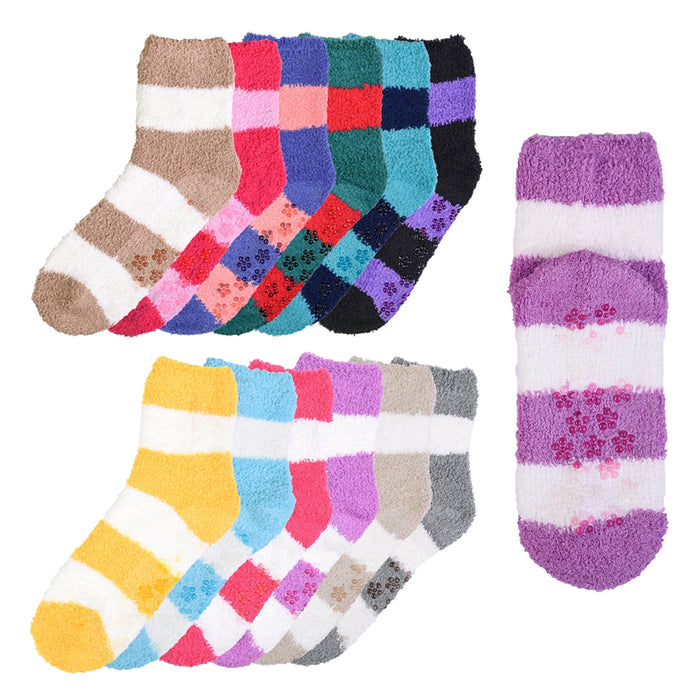 6 Pairs Fuzzy Plush Soft Socks Non Skid Strip Warm Hospital Home Slippers 9-11