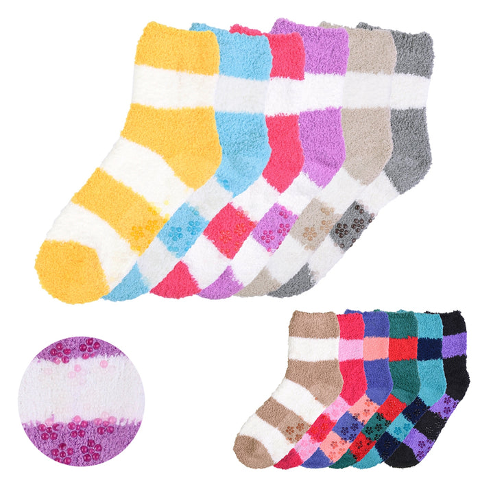 3 Pairs Soft Cozy Fuzzy Socks Warm Non Skid Striped Women Girl Home Slipper 9-11