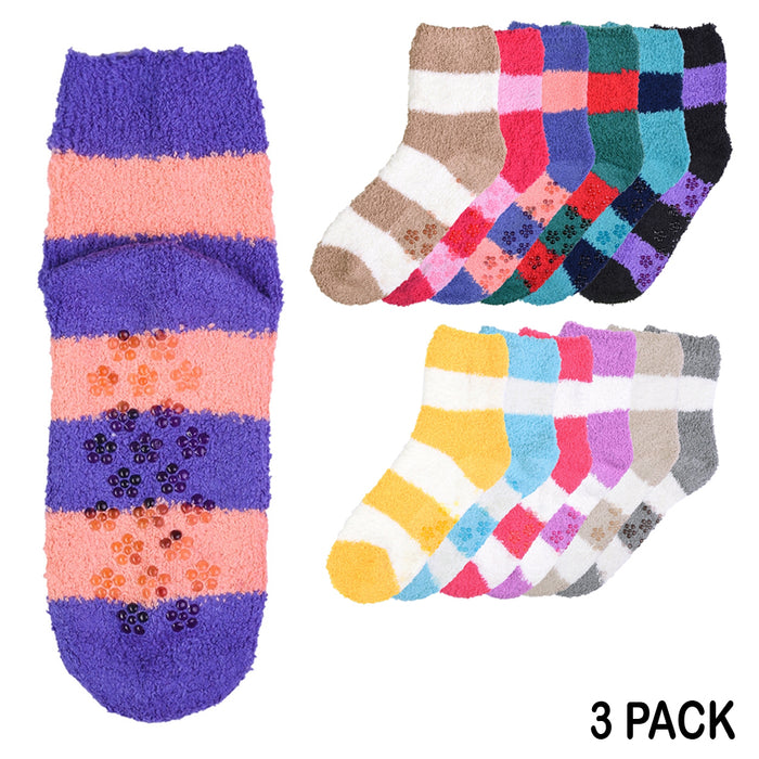 3 Pairs Soft Cozy Fuzzy Socks Warm Non Skid Striped Women Girl Home Slipper 9-11