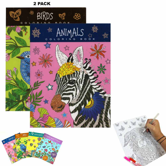 2 Pack Adult Coloring Books Stress Relieving Animals Flowers Landscapes Designs