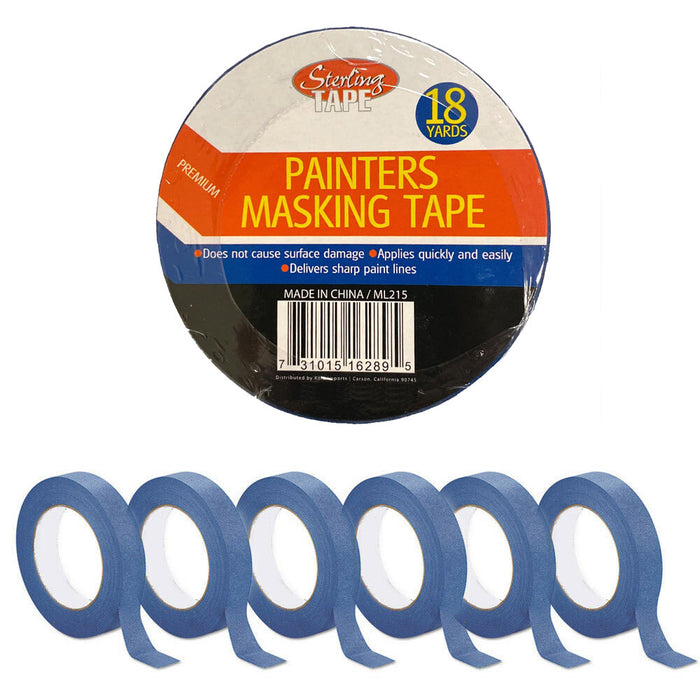 12 Rolls Painters Masking Tape Blue 1 Inch x 18Yds Less Edge Bleed Multi-Surface