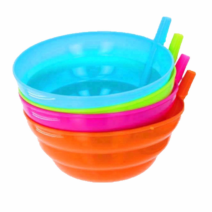 4 Cereal Bowls with Straws for Kids BPA Free Plastic Toddler Bowl Built-in Straw