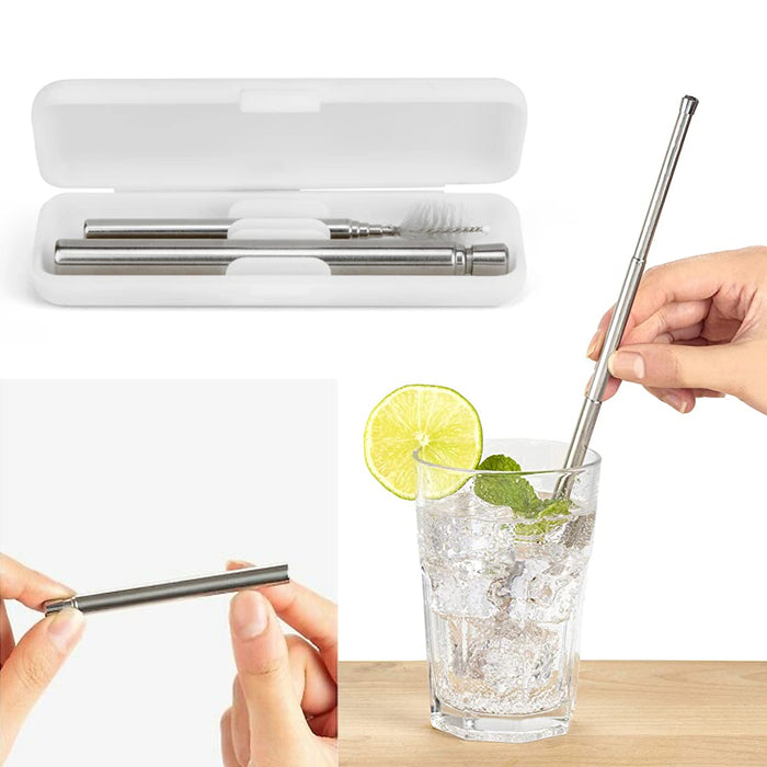 2 Travel Straw Set Steel Metal Drinking Expandable Reusable Cleaning Brush Case