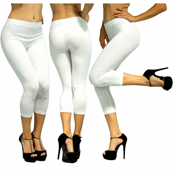 3 Pc Womens Legging Capri Cut Bottoms Seamless Stretch Cropped White Brown Black