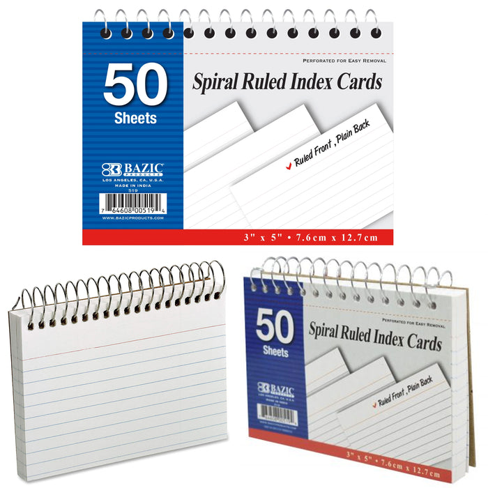 4pc White Index Cards 3" X 5" Spiral Bound Ruled Front 50 Sheets School Office