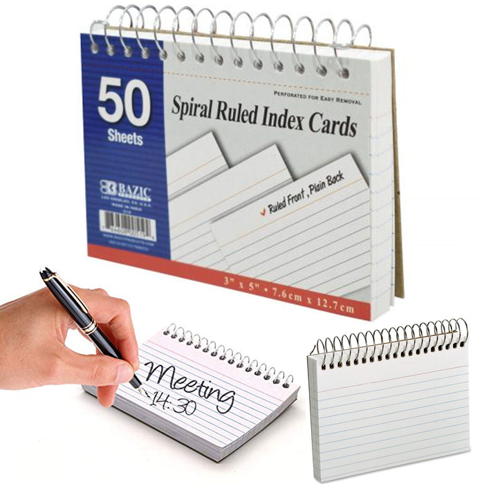 2pc Spiral Bound Index Cards White 3" X 5" Ruled Front 50 Sheets Office School