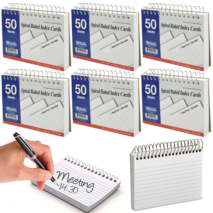 6pc Ruled Index Cards White 3" X 5" 50 Sheets Paper Spiral Bound Office School