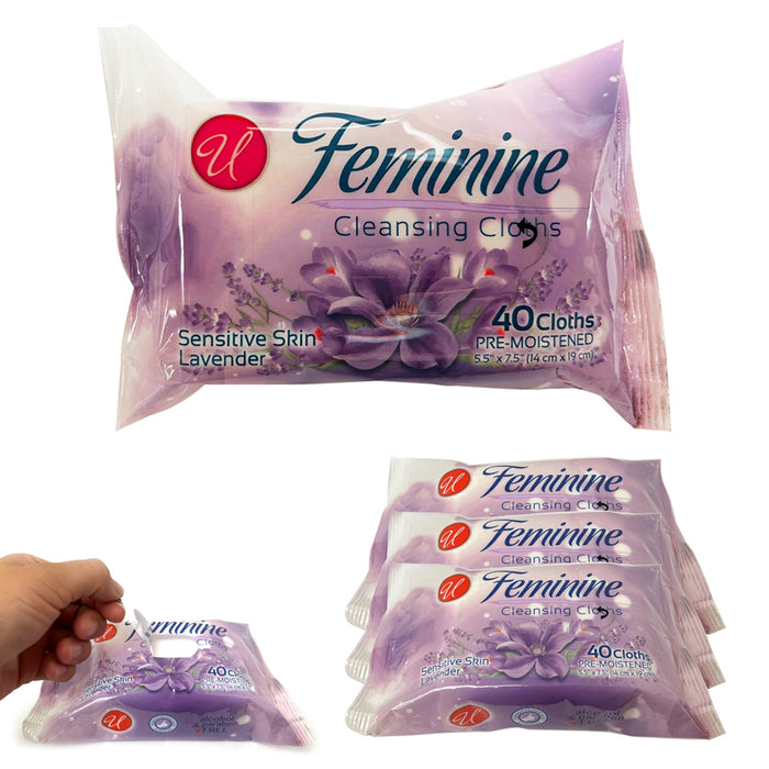 4 Pack Feminine Cleansing Wipes 40ct Lavender Sensitive Skin Hygiene Travel Size