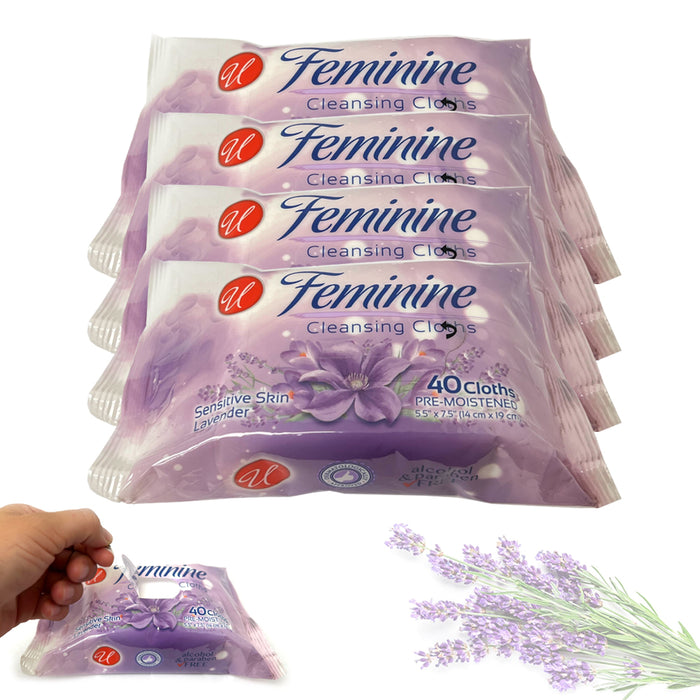 4 Pack Feminine Cleansing Wipes 40ct Lavender Sensitive Skin Hygiene Travel Size