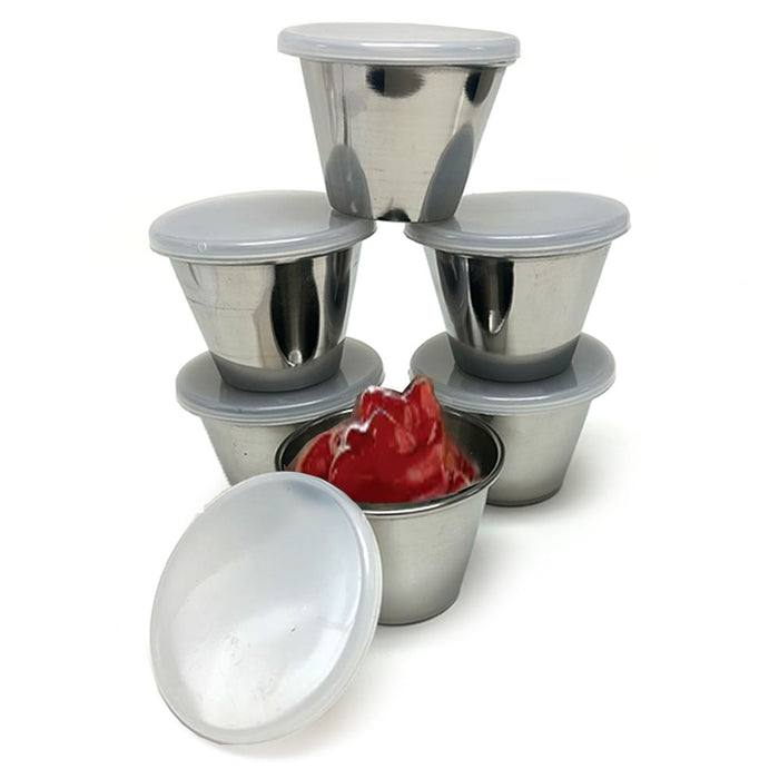 24 Pk Reusable Sauce Cups W/ Lids Stainless Steel Condiment Dressing Saucer Dish