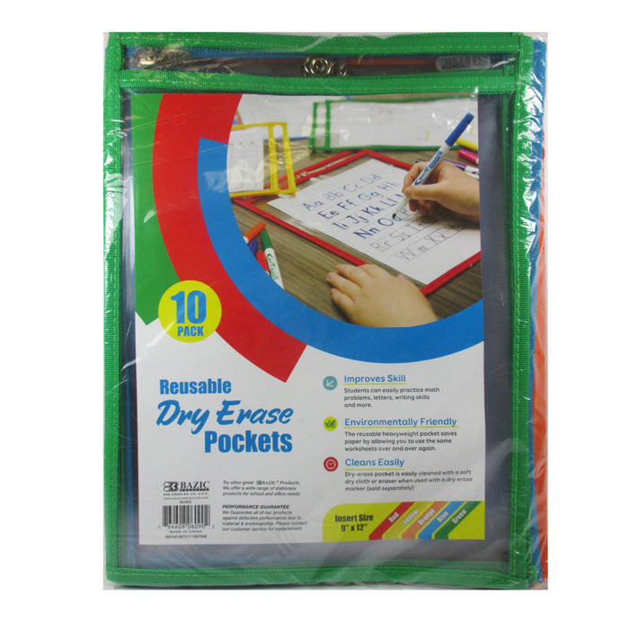 10 PC Reusable Laminate Folder Dry Erase Pockets 9 x 12 Inches Assorted Colors