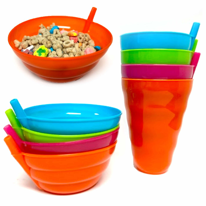 8 Pc Set Cereal Sip-a-Bowls Sippy Cups Built In Straw Plastic BPA Free Soup Dish