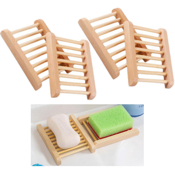 4 Pc Wooden Soap Dish Holder Bamboo Natural Tray Travel Storage Rack Plate Box