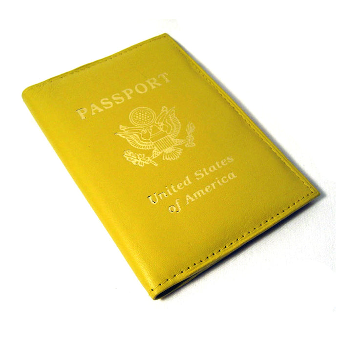 Genuine Leather Passport Holder Yellow Cover Case Travel Wallet Us Seal Gold New