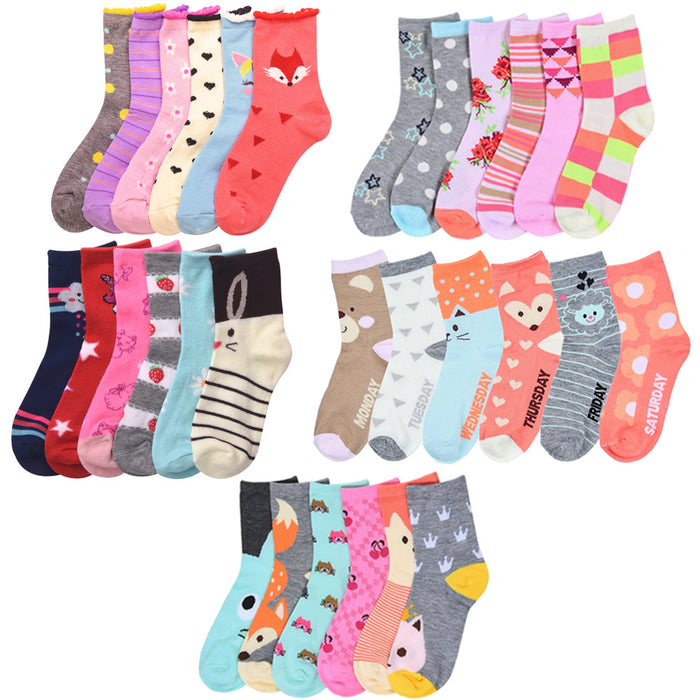 6 Pair Girls Socks Size 6-8 Crew Low Cut Quarter Kids Novelty Assorted Designs !