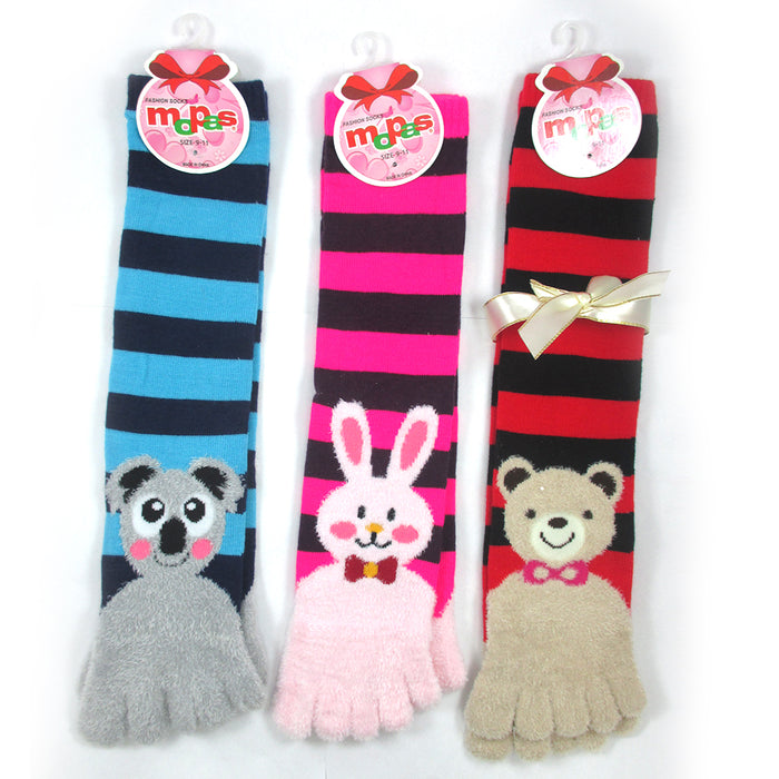 ToeSox 1 Pair Calf Length Funny Feet Animal Women's Striped Toe Socks Size 9-11